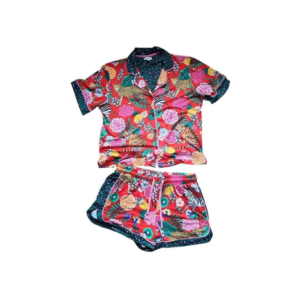 Mixed Print Colorful Statement Pajama Short Set Womens M Animal Fruit Novelty